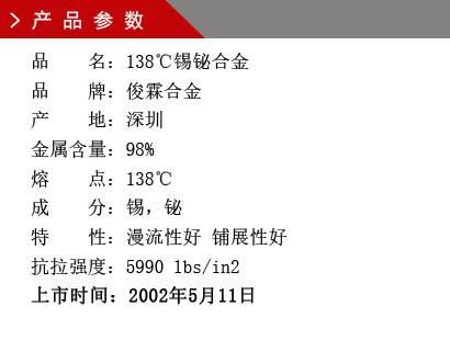 品 名：138℃錫鉍合金 品 牌：俊霖合金 產 地：深圳 錫 含 量：98% 熔 點：138℃ 硬 度：1.92莫氏 成 分：錫，鉍 抗拉強度：5990 lbs/in2 上市時間：2002年5月11日