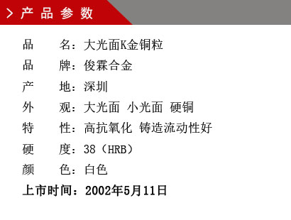 品 名：大光面K金銅粒 品 牌：俊霖合金 產(chǎn) 地：深圳 外 觀：大光面 小光面 硬銅特 性：高抗氧化 鑄造流動性好 硬 度：38（HRB） 顏 色：白色上市時間：2002年5月11日